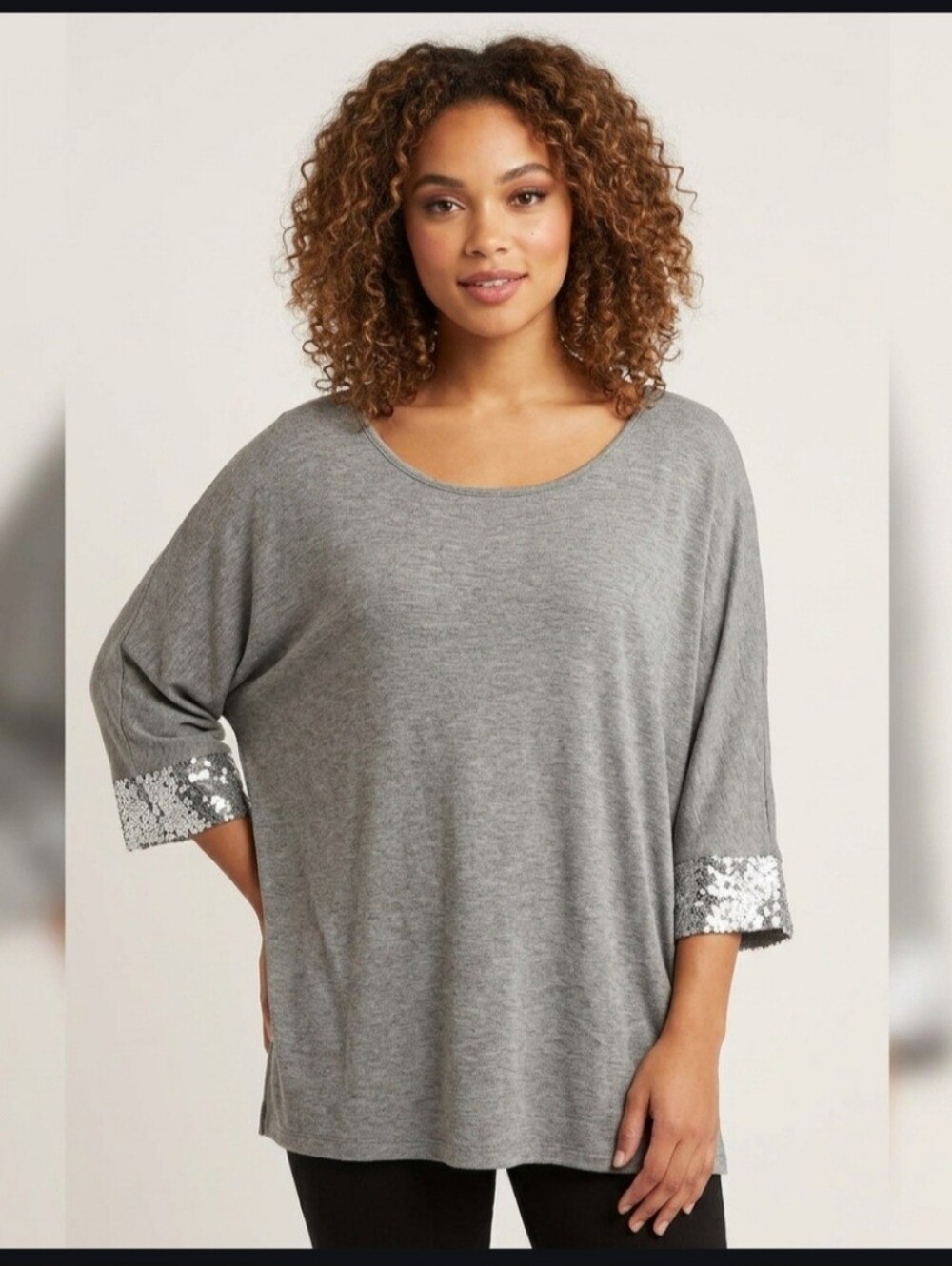 Cable & Gauge Blouse Sz 2X Gray Jersey Sequin Cuffs Round Neck Stretch Glam Chic